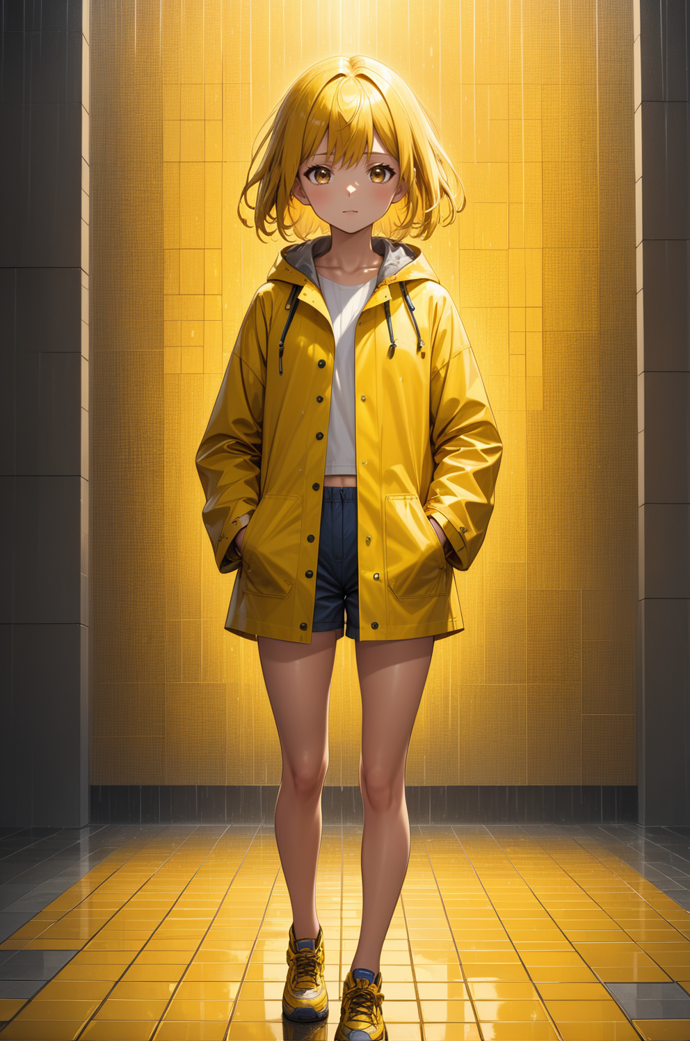 (masterpiece:1.0), (highest quality:1.0), (hdr:1.0), 1girl, yellow raincoat, shorts, mosaic background, standing